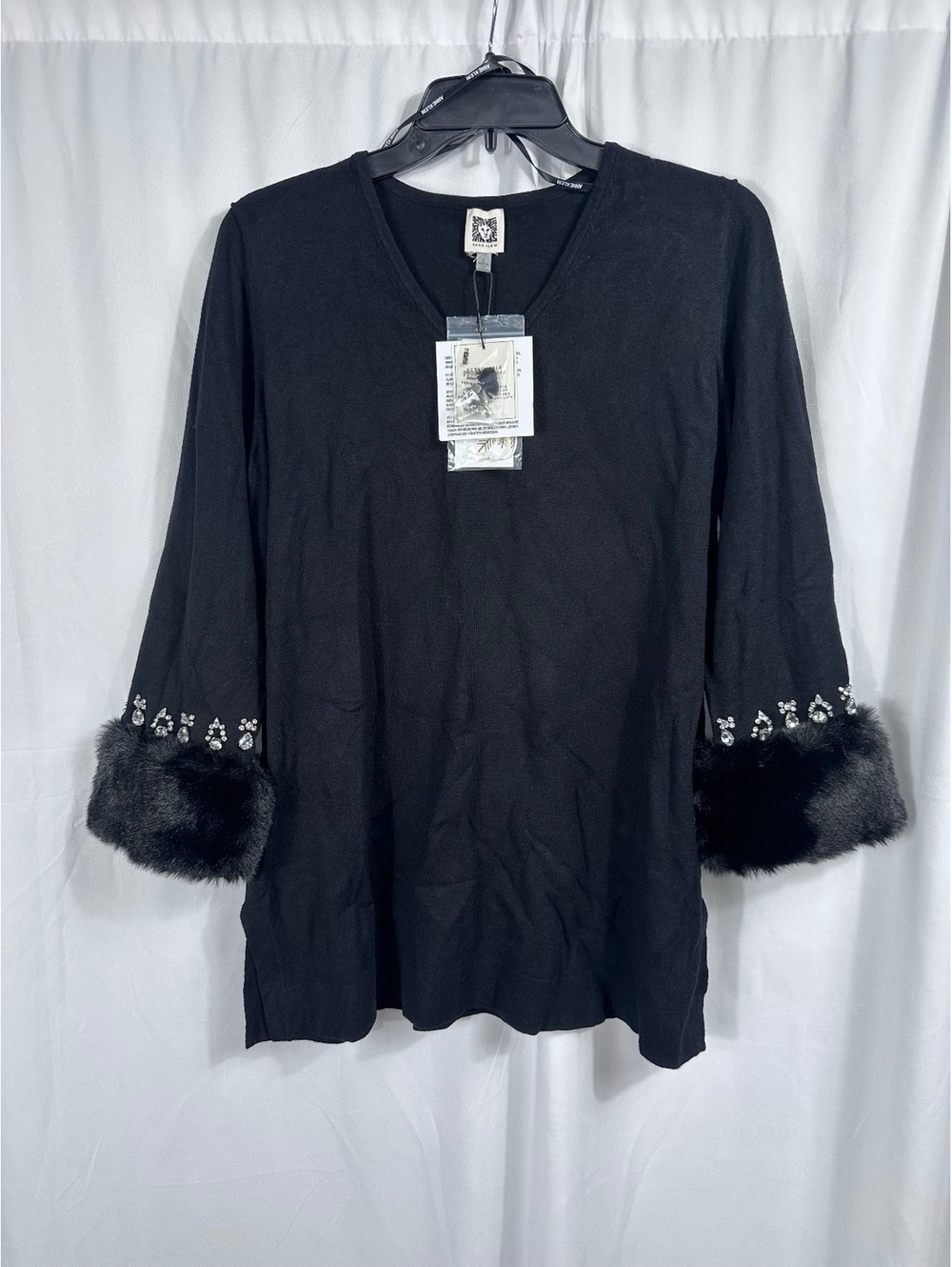 Anne Klein Black V-Neck Sweater with Faux Fur and Rhinestone Cuffs, Size Small